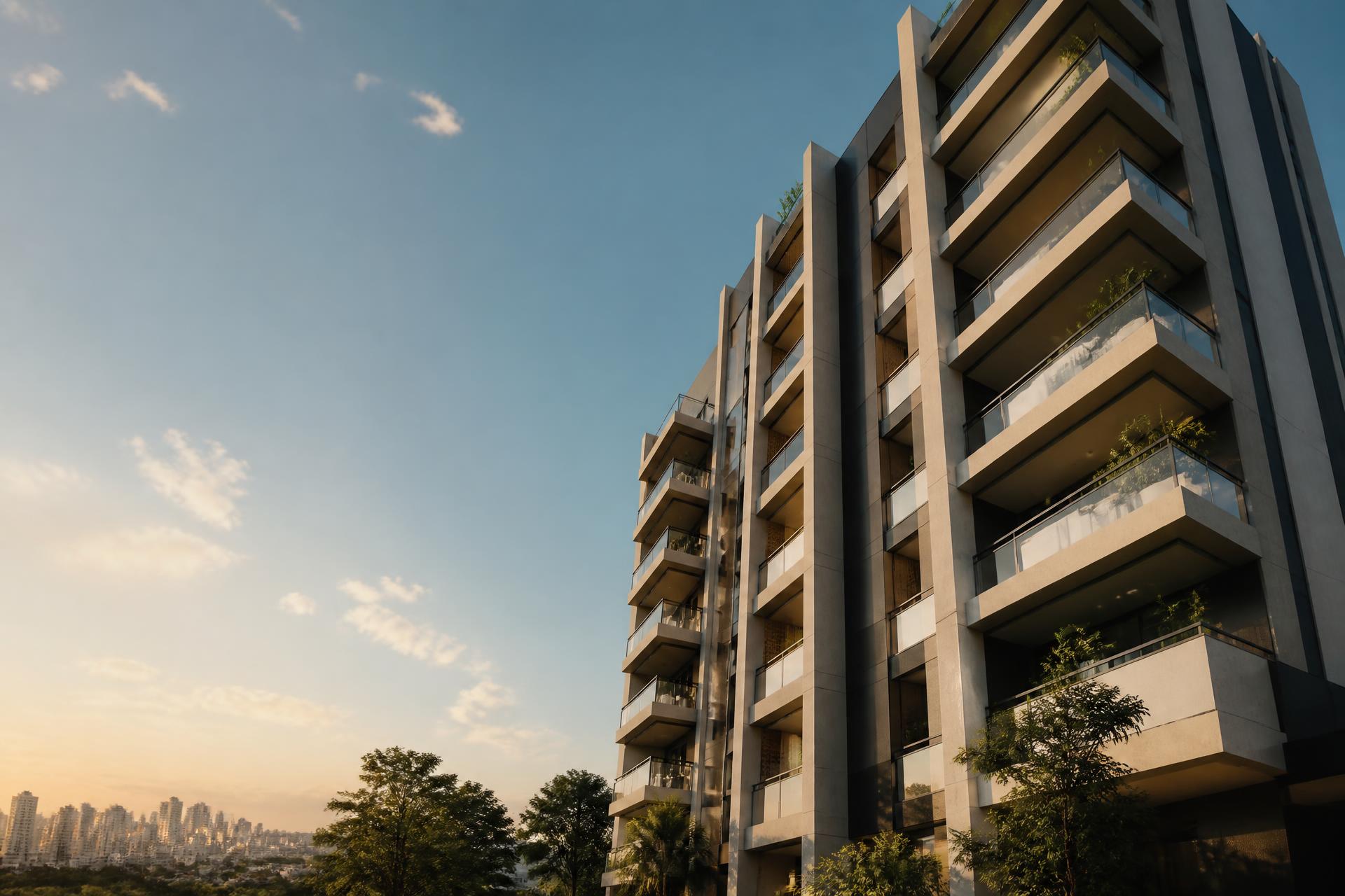 Fachada contemporânea de edifício residencial em São Paulo ao final da tarde